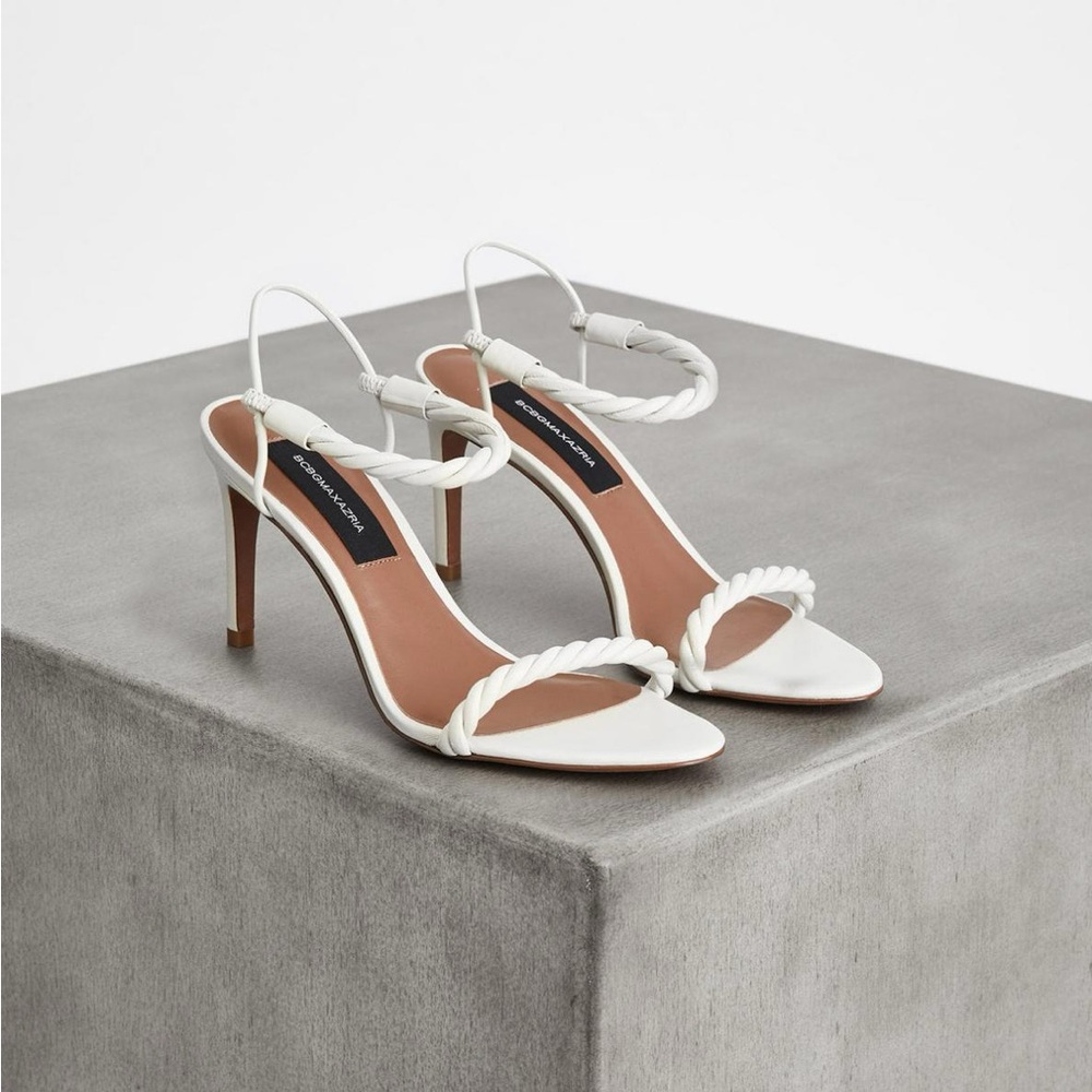 BCBGMAXAZRIA Women’s Taylor Twist-Strap Sandal in white size 8.5